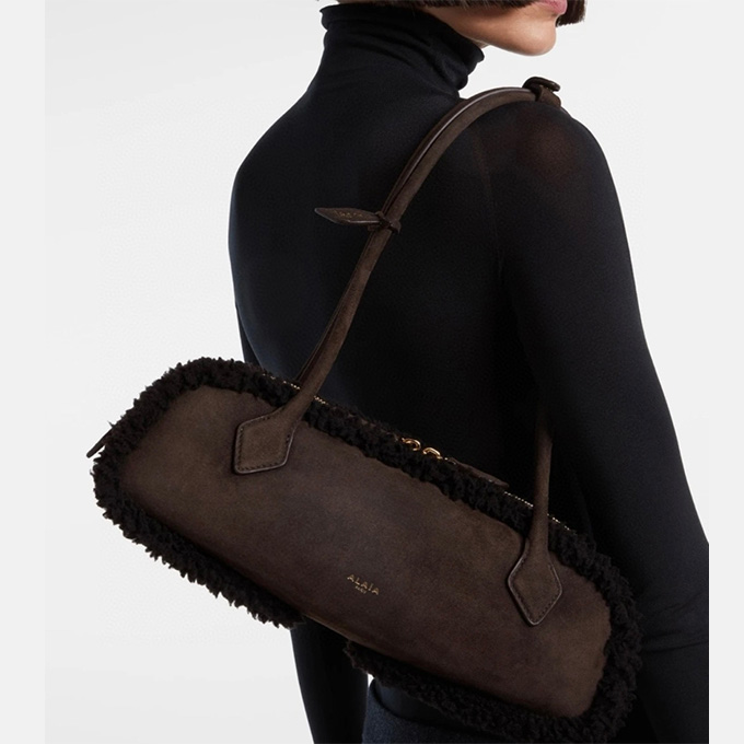 alaïa le teckel shearling long barrel shoulder handbag